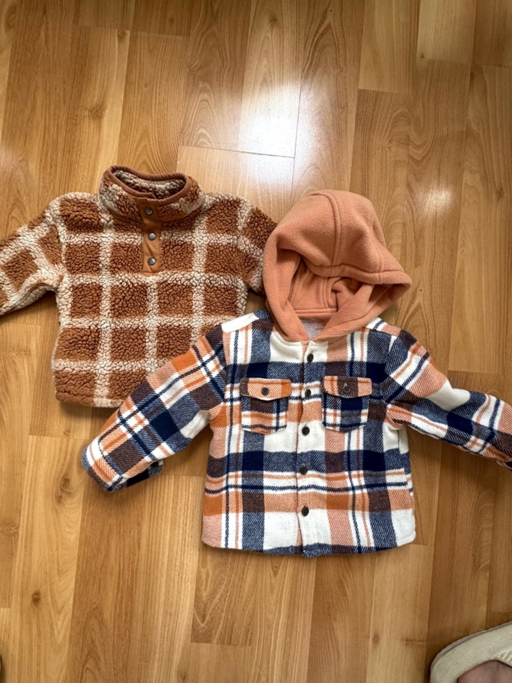 Kids Plaid Hooded Shacket and Cozy Sherpa Pullover - Brown & Peach